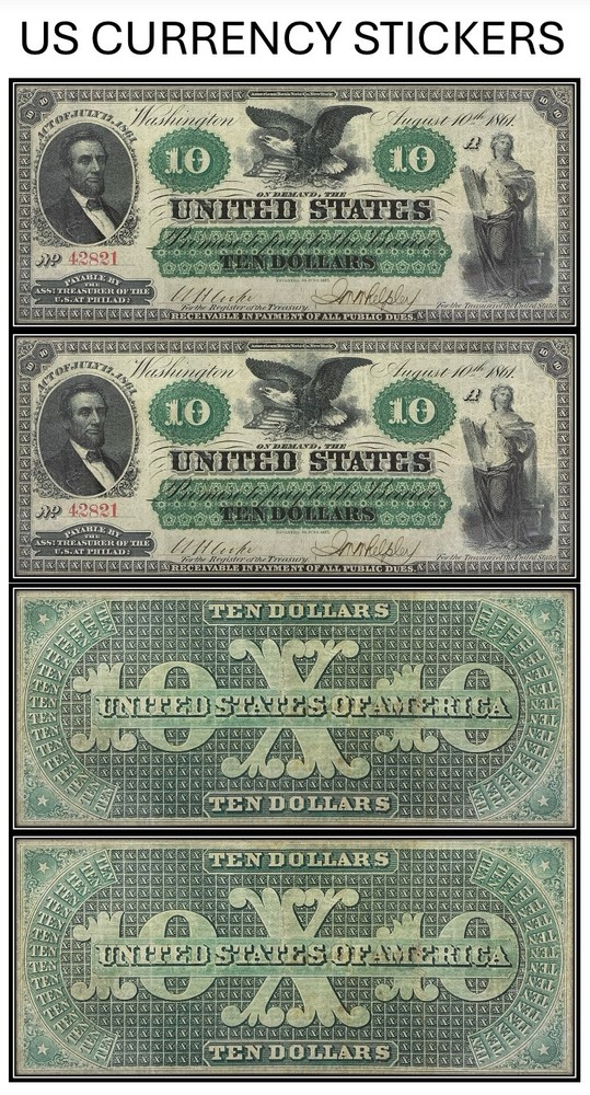 $10 Ten Dollar 1861 Demand Note (US CURRENCY STICKERS) (Lot Of 2)