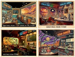 Science Fiction Fantasy Travel Stickers, 4 Big Lonely Diner Scenes, 1 Sheet