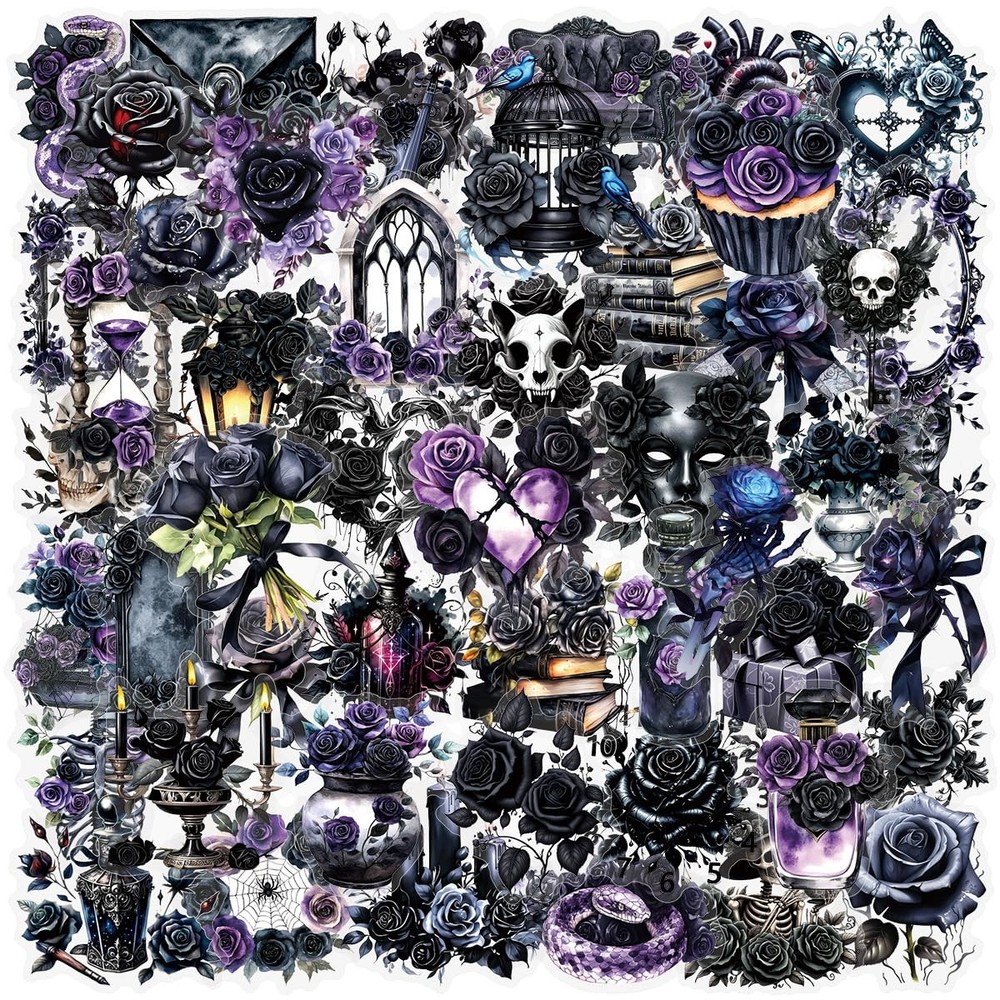 50 PCS Black Rose Stickers Pack, Cute Waterproof PET Transparent Blackflower