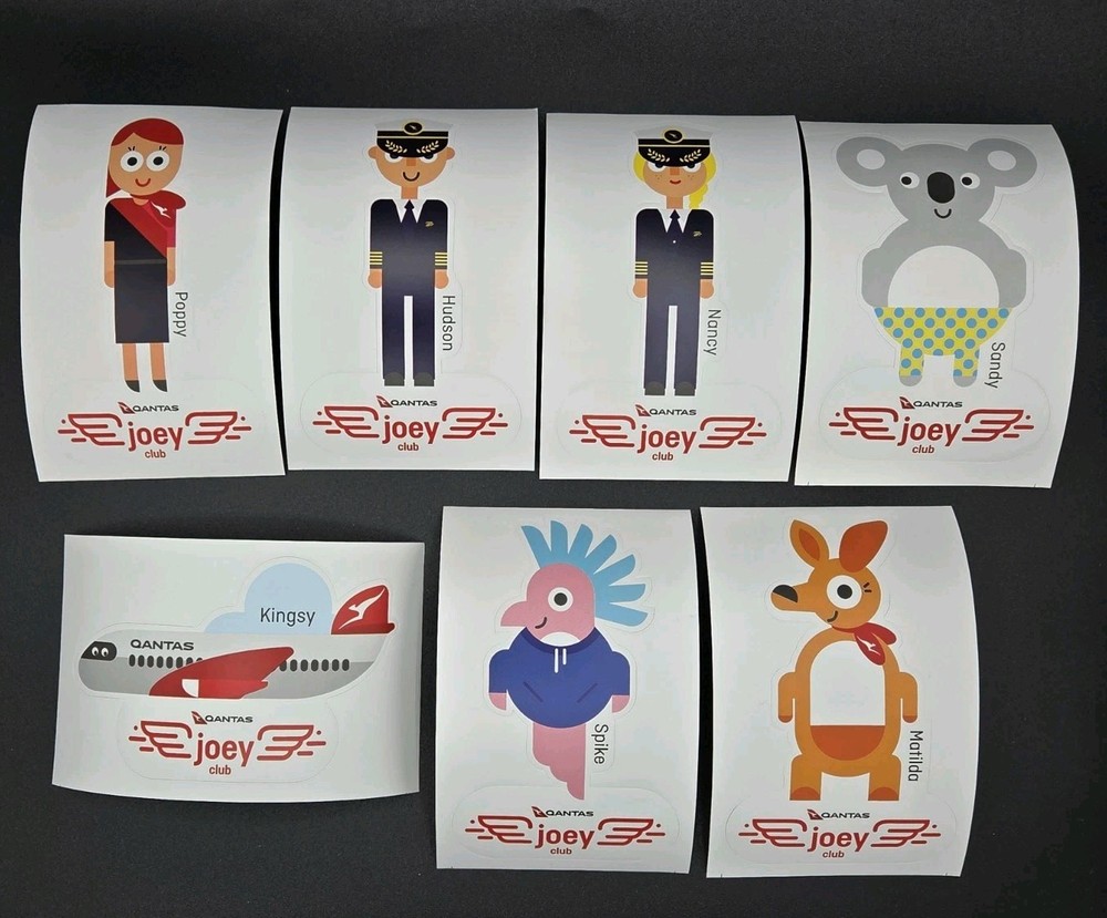 Lot of 7 Qantas Airways Joey Club Stickers Australia Airline