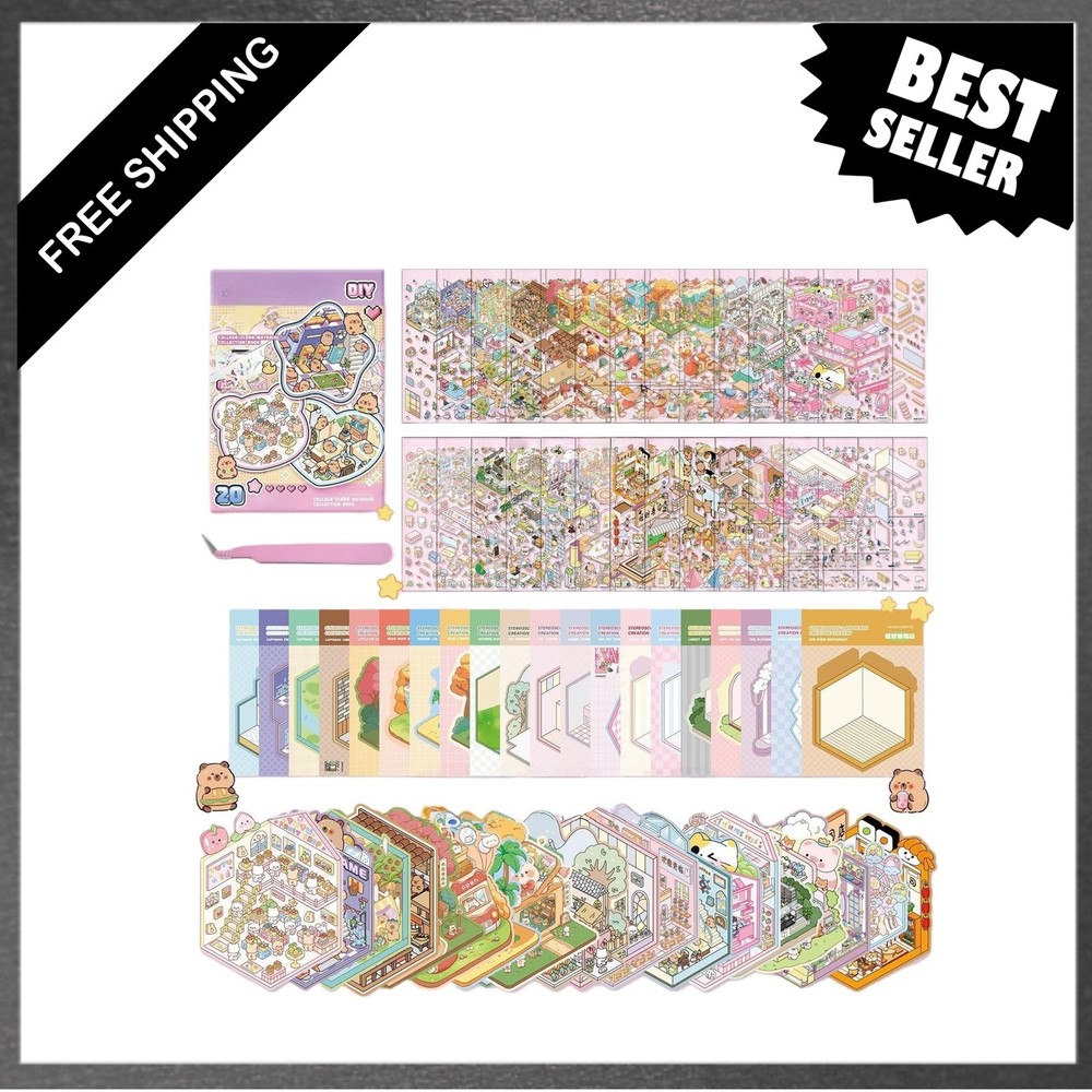 DIY 3D House Sticker Scene Book Set with Scenic Backgrounds for Adults and Kids