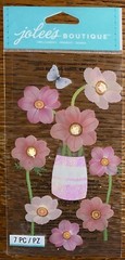 RARE JOLEES PINK FLOWERS Jar Vase Butterflies W/ Gems 3D Card Scrapbook STICKERS