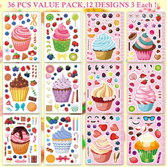 36 Pcs Cupcake Make-A-Face Sticker Sheets | Mix & Match Ice Cream Dessert Party