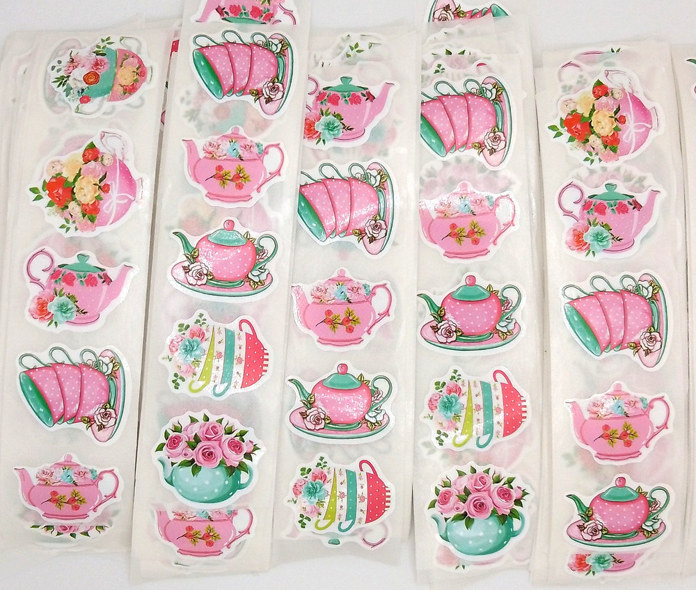 30 Pink Flower Teapot Stickers/Scrapbooking/Crafts/Journals/Planner/Diary/1 inch