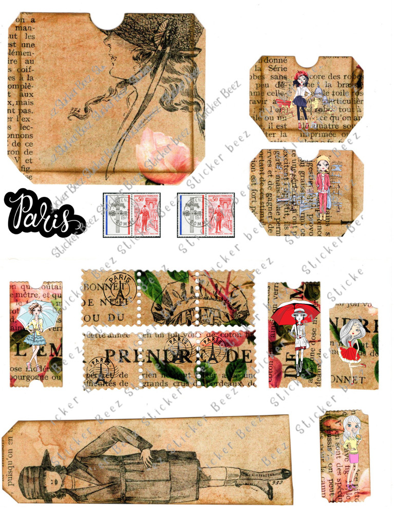 Paris France Ephemera Collage Sheet Supplies Scrapbooks Junk Journal Card Topper