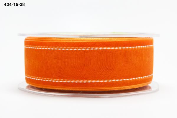 MAY ARTS RIBBONS~SHEER ORANGE RIBBON W/WHITE STITCHED EDGES~ 1.5 INCH X 1 YARD!