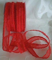 MAY ARTS RIBBONS~SHEER BRIGHT RED RIBBON WITH RUFFLE EDGE~5/8THS INCH X 3 YARDS!