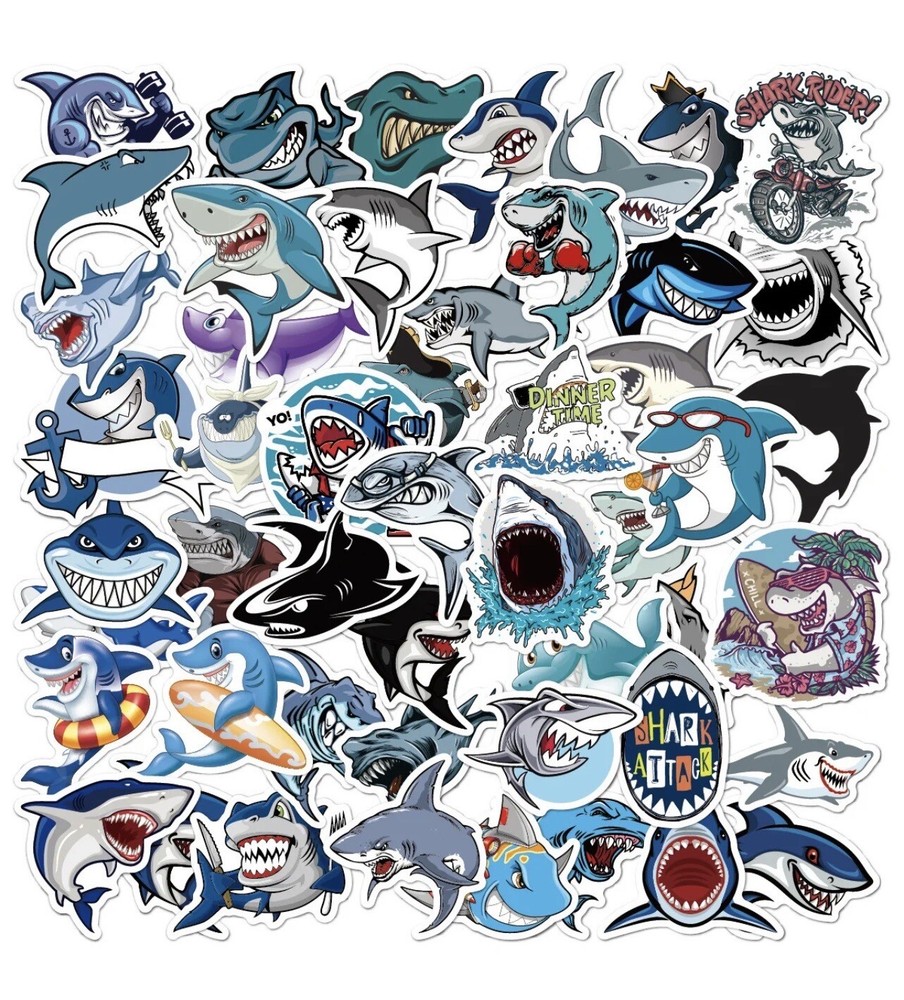 50 Shark Stickers Quality Gloss Vinyl Cartoon Jaws Notebook Laptop Skateboard