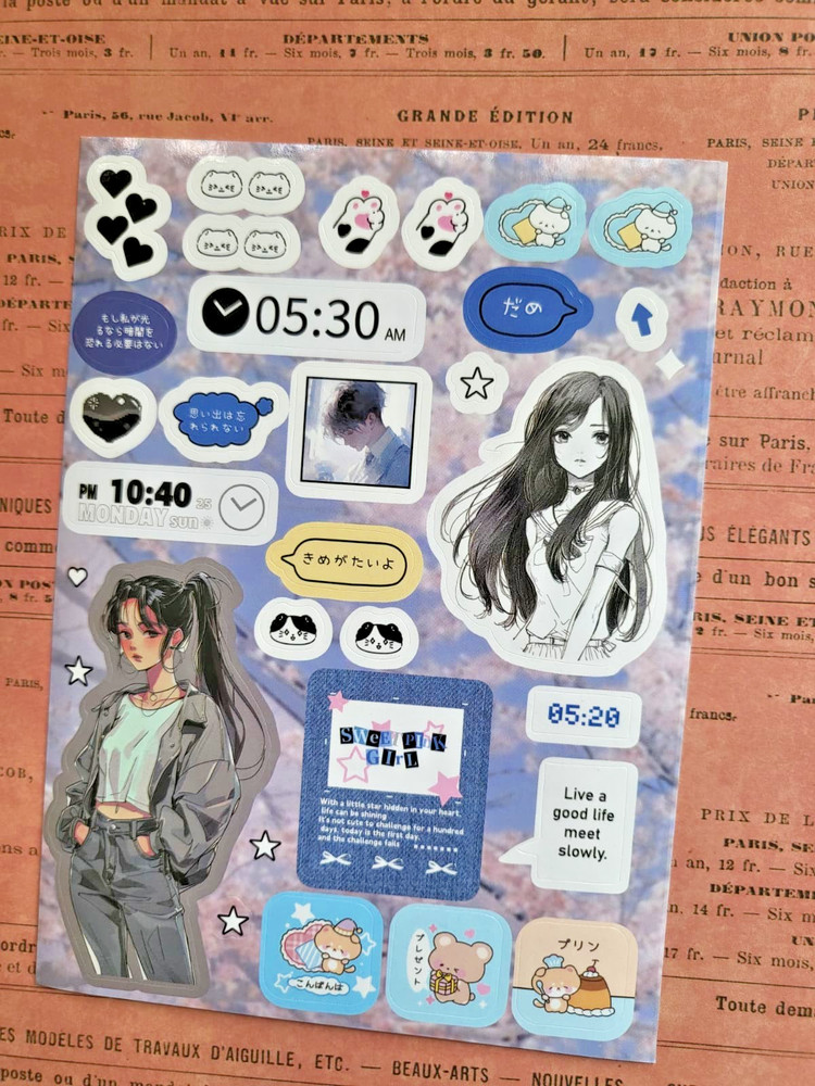 Japanese Kawaii Manga Girl Sticker Sheet Glossy Retro Aesthetic Y2K