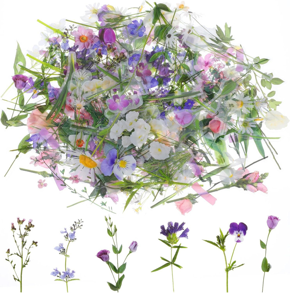 120 Pcs Transparent Flower Stickers for Scrapbooking PET Nature Plant Floral