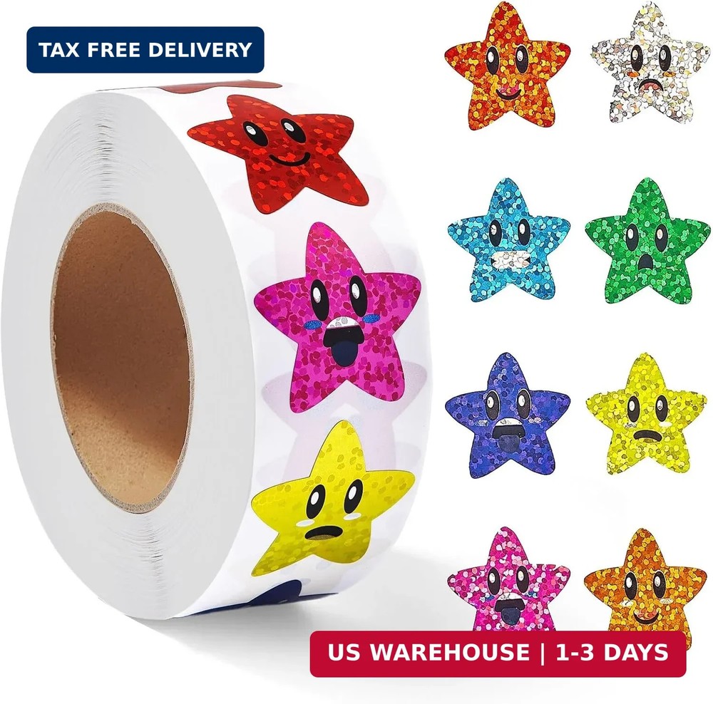 Gsinodrs 1000Pcs Smiley Face Star Stickers – 1 Inch Self-Adhesive Glitter Foil S