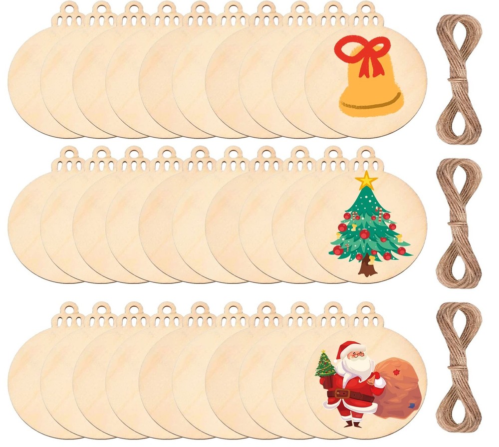 60Pcs Wood Slices,3.5″ Wooden Christmas Ornaments,Unfinished Predrilled Wood …