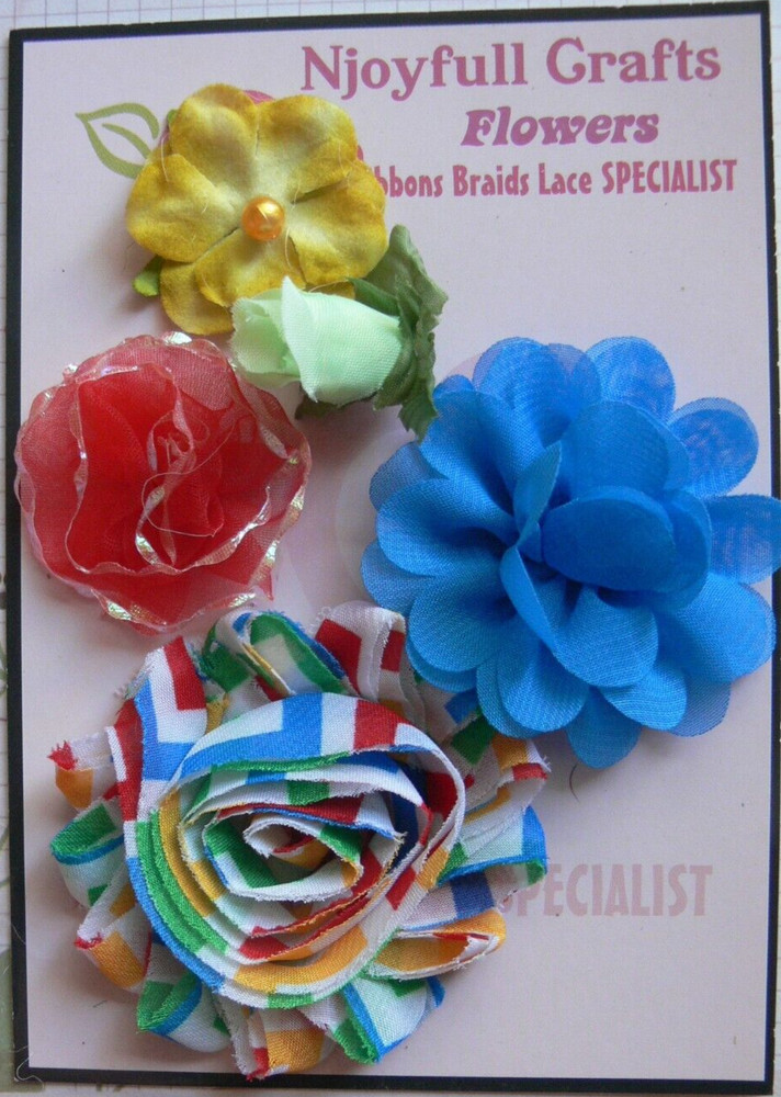RED GREEN BLUE YELLOW MIXED -Fabric Organza Flowers 15-65mm 5 Flower Pk O5 B NJC