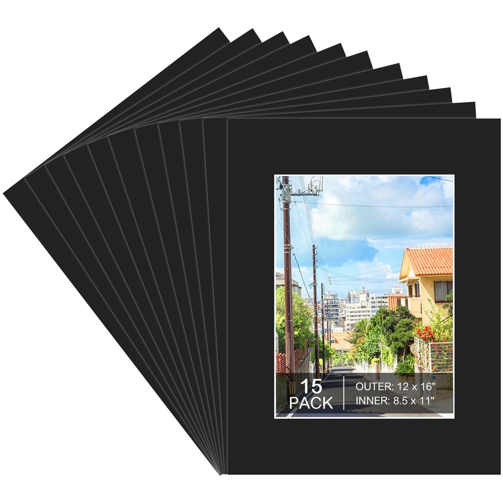 15 PCS 12×16 Inch Black Picture Mats Fits 8.5×11 Inch Photo Bevel Cut Core