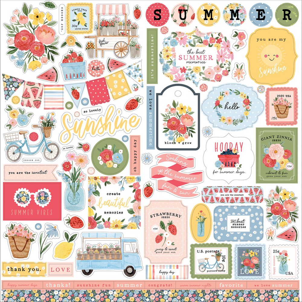 (1) 12×12 Sheet of Carta Bella Paper SUMMER Scrapbook Element Stickers