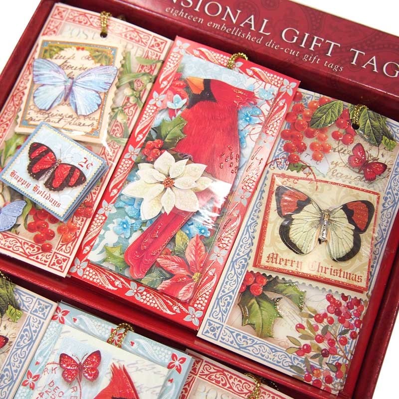 Punch Studio Christmas Gift Tag Set, 18 pcs (Cardinal & Butterfly)