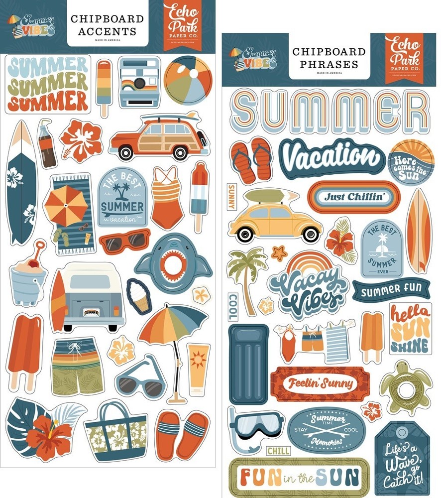 Echo Park SUMMER VIBES (2) 6″x13″ Chipboard COMBO Accents + Phrases