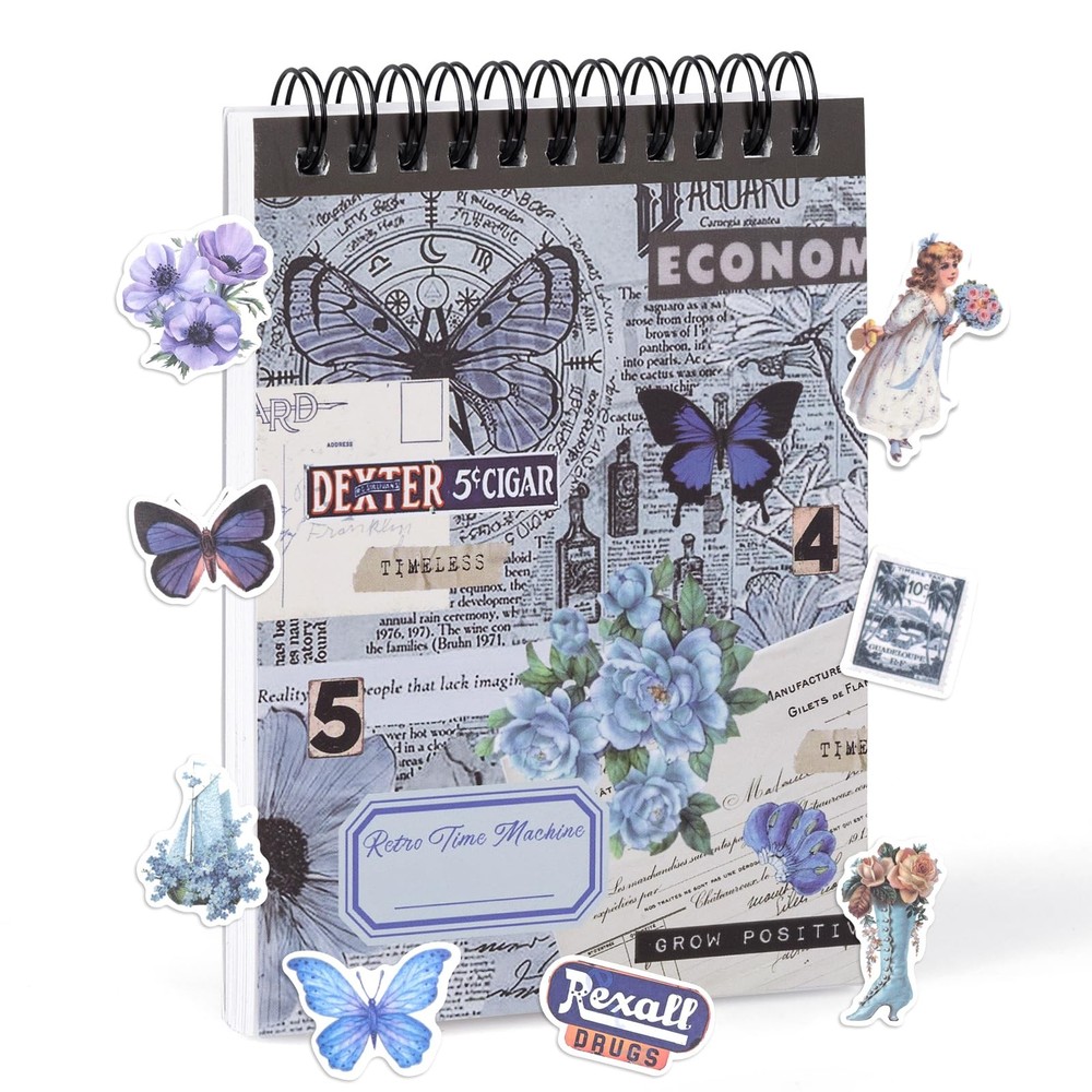 RISYPISY Pre-Cut Vintage Ephemera Washi Scrapbook Sticker Book for Blue