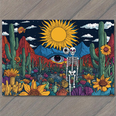 STICKER Skeleton Cactus Planet Sunset Surreal Desert Colorful Mountains