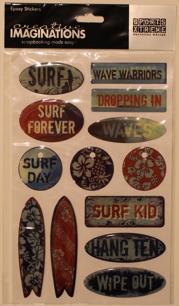 New Creative Imaginations scrapbook stickers SURF Hang Ten Wipe Out board waves