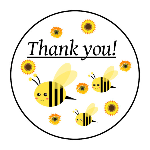 Thank you stickers, labels, tags, envelope seals, yellow bees and flowers