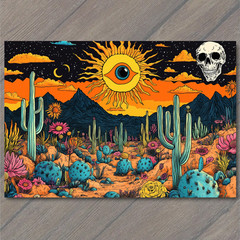 STICKER Cactus Desert Eye Sun Trippy Surreal Art Sky Mountains Pink Green