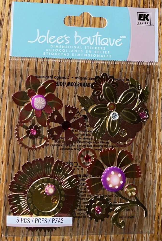 RARE Jolees Steampunk Gold Metallic Flowers Pink Red W/ Gems Scrapbook Stickers