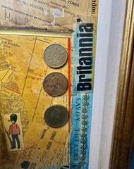 1950s 60s Framed Travel England London Scrapbooking Collage Coins 24 X 16”
