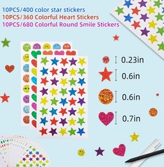 1440 Pcs Star Stickers for Kids, Reward, Classroom, Glitter, DIY