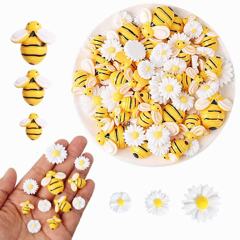 HERZWILD 90Pcs Resin Bee Daisy Flowers Small to Medium, White daisy with bees