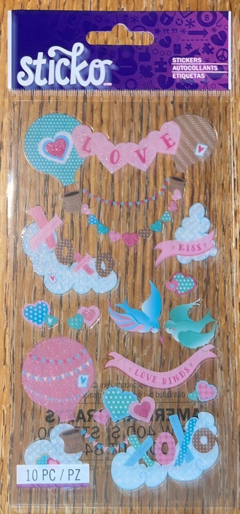 Sticko Love Birds Hearts XOXO Kiss Hot Air Balloons Valentines Wedding Stickers