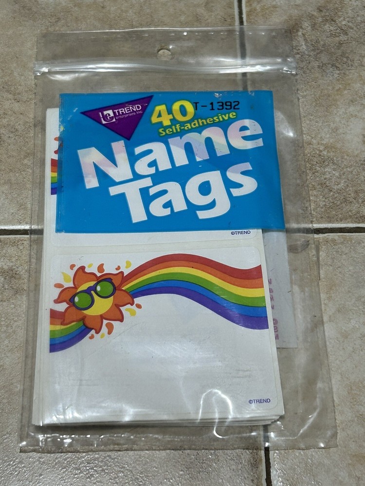 Vintage 90s Trend Name Tag Stickers Set of 40 Cute Rainbow 🌈 Sun ☀️ 3″ by 2.5″
