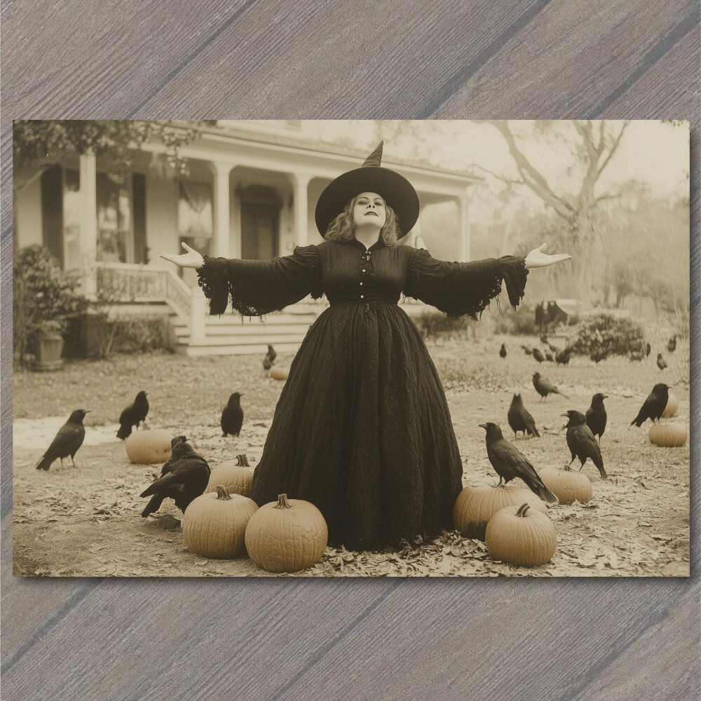 STICKER Halloween Witch with Pumpkins Yard Crows Gothic Attire Vintage Style