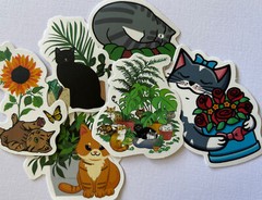 MANY CATS & PLANT ASSORTMENT Stickers(6pc)Kitten•Meow •Floral•Hiding•Peeking•Pet