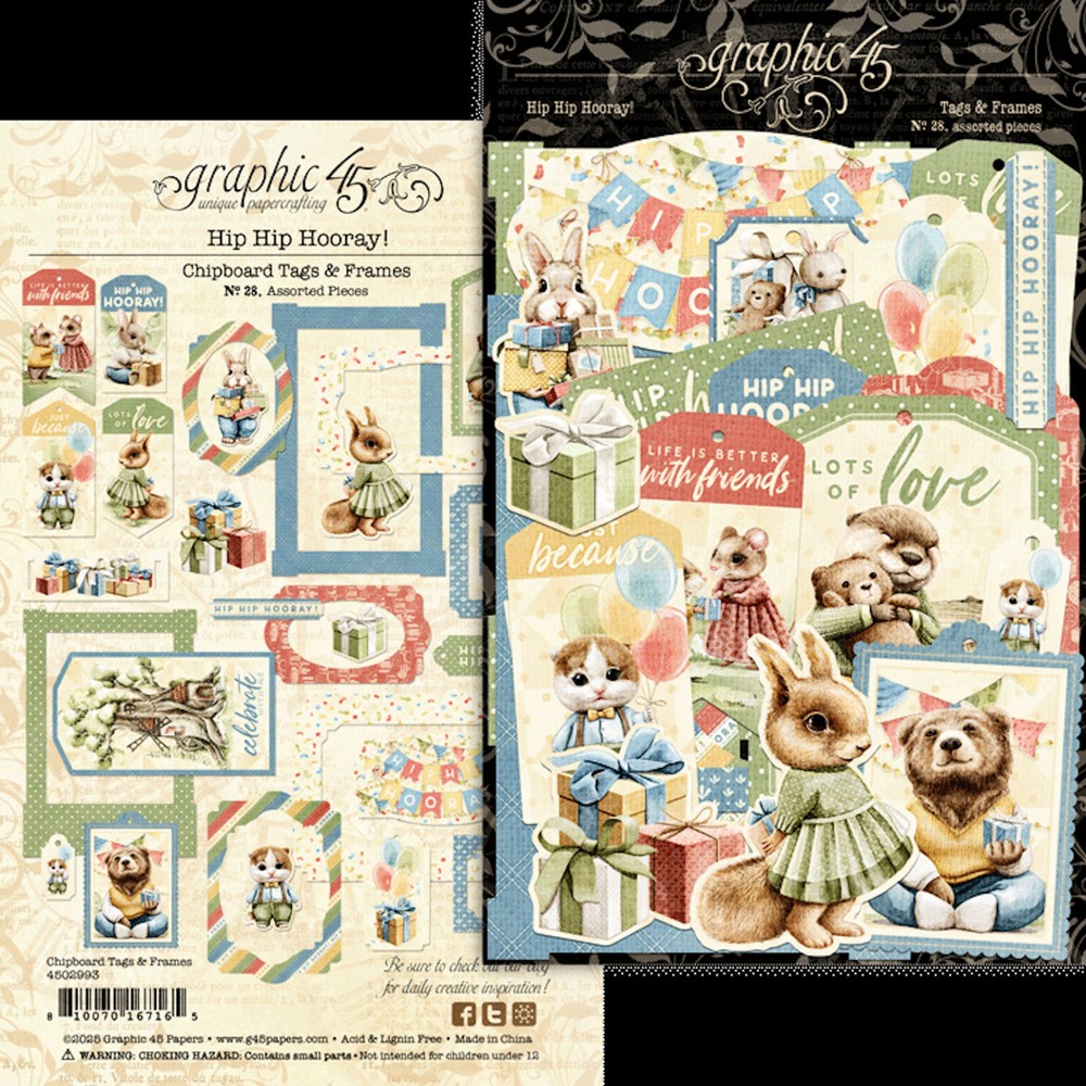 Graphic45 HIP HIP HOORAY! (28PC) CHIPBOARD TAGS & FRAMES scrapbooking