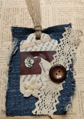 Six OOAK Junk Journal Denim Tags Ephemera Scrapbooking VTG Embellished Handmade