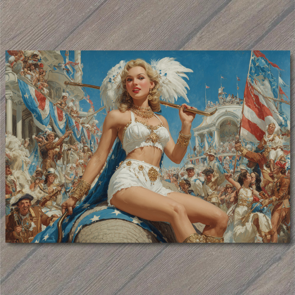 STICKER Majorette Parade White Outfit Gold Trim Red Blue Flags Celebration