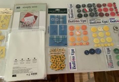 LOT OF 33 SCRAPBOOKING CARD MAKING ENVELOPES, EMBOSSING STENCILS, BUTTONS