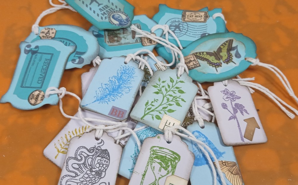 19 HAND PUNCHED & DECORATED JOURNAL EMBELLISHMENT TAGS 2 SIZES & COLORS W/STRING