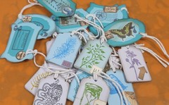 19 HAND PUNCHED & DECORATED JOURNAL EMBELLISHMENT TAGS 2 SIZES & COLORS W/STRING