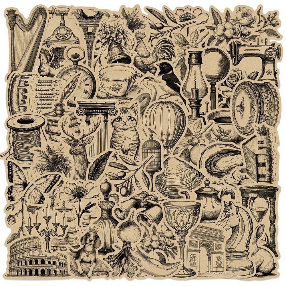 50 Sheets Industrial Vintage Stickers – Tea-Stained Doodles for Coffee Shop Deco
