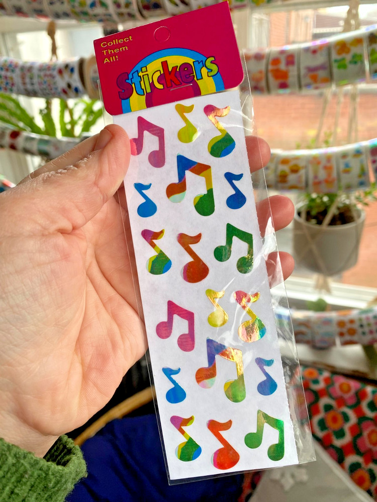 1 NIP NOS Package of Vintage 80s Pearly Rainbow Music Note Stickers (Taiwan)