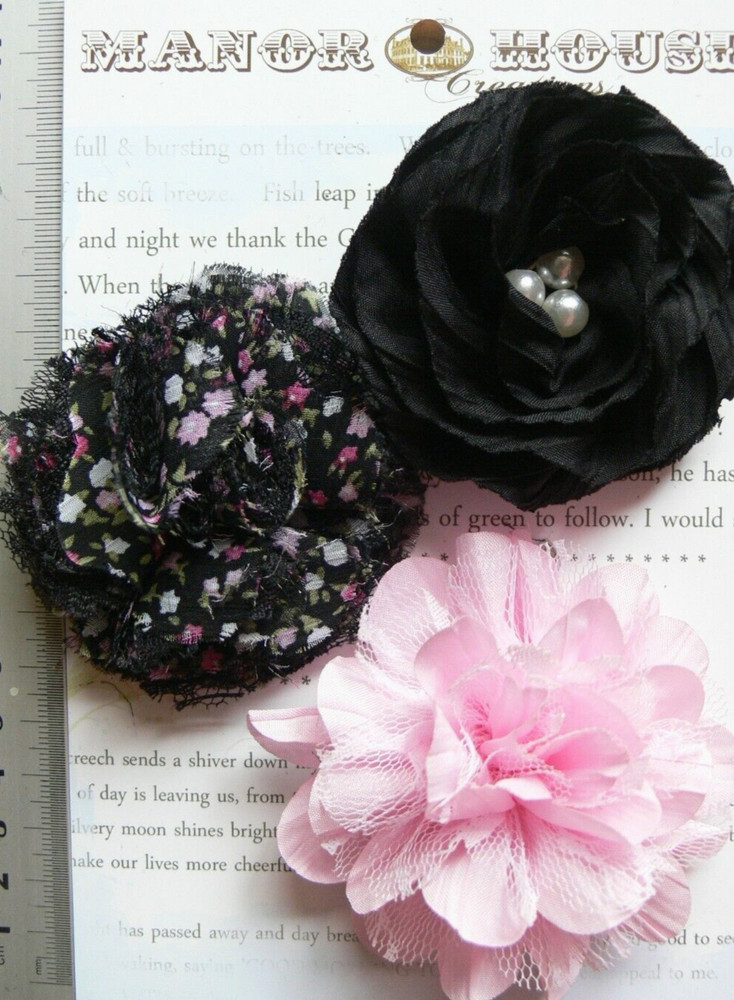 PINK & BLACK Mix Fabric Organza 3 Flower Pack 70-80mm Manor House