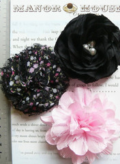 PINK & BLACK Mix Fabric Organza 3 Flower Pack 70-80mm Manor House