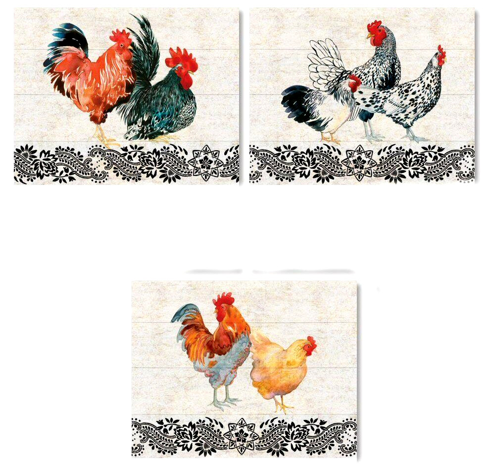 6 Beautiful 1 1/2″ x 1 1/4″ ROOSTER CHICKEN Stickers USA MADE #63 * 3 Designs