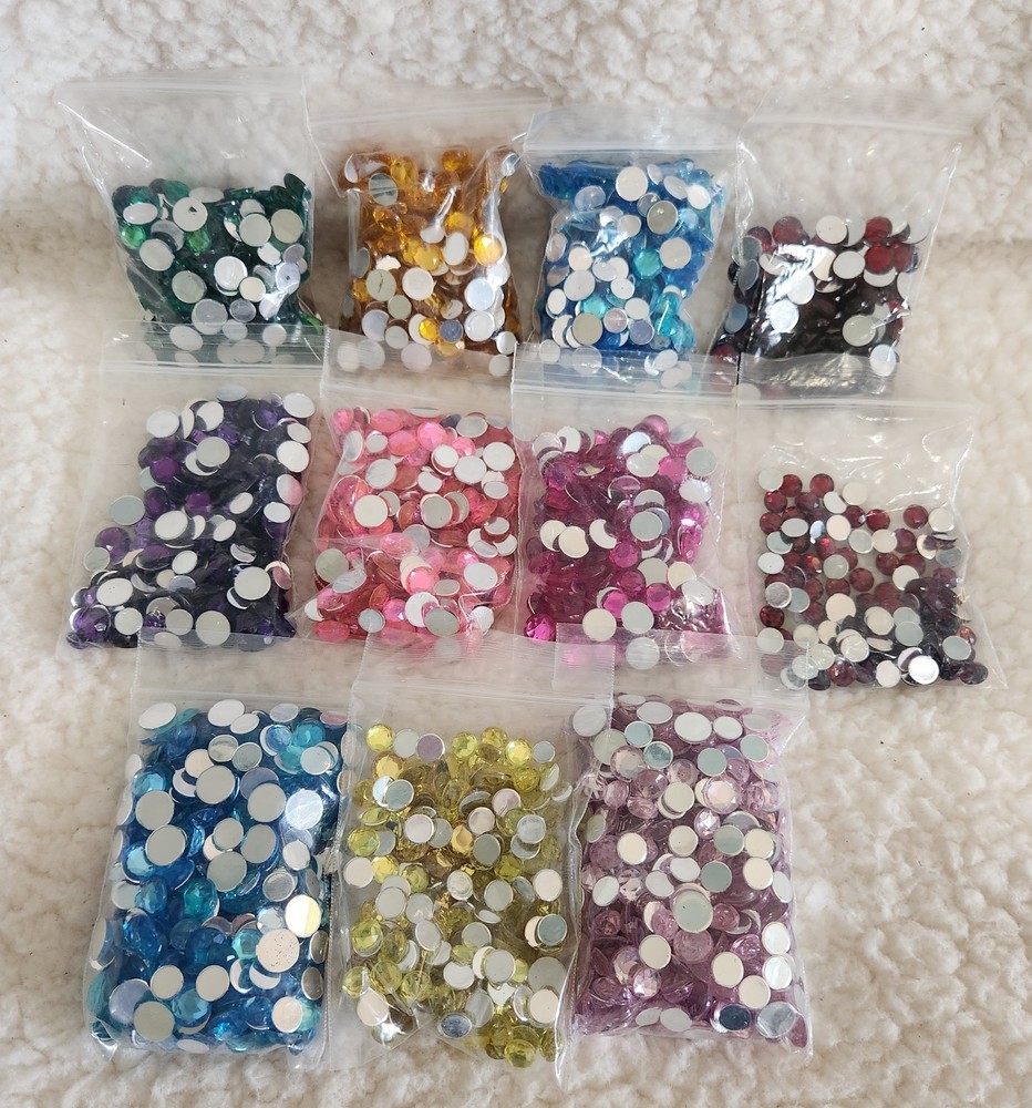 MULTI-COLORED RHINESTONES, FACETED ACRYLIC FLATBACK ROUND, Set Of 11 Packages