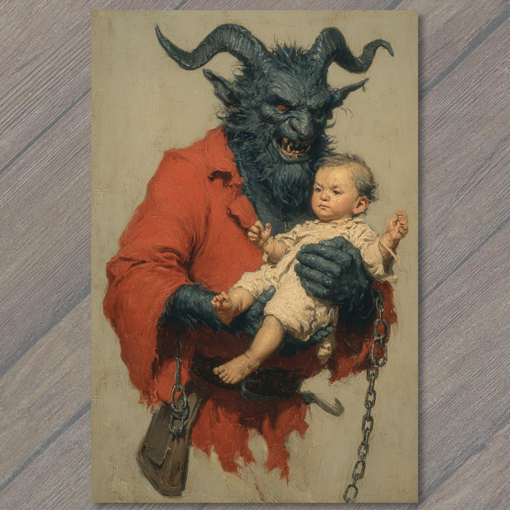 STICKER Krampus Holding Baby Creepy Dark Holiday Devilish Christmas Horror Art