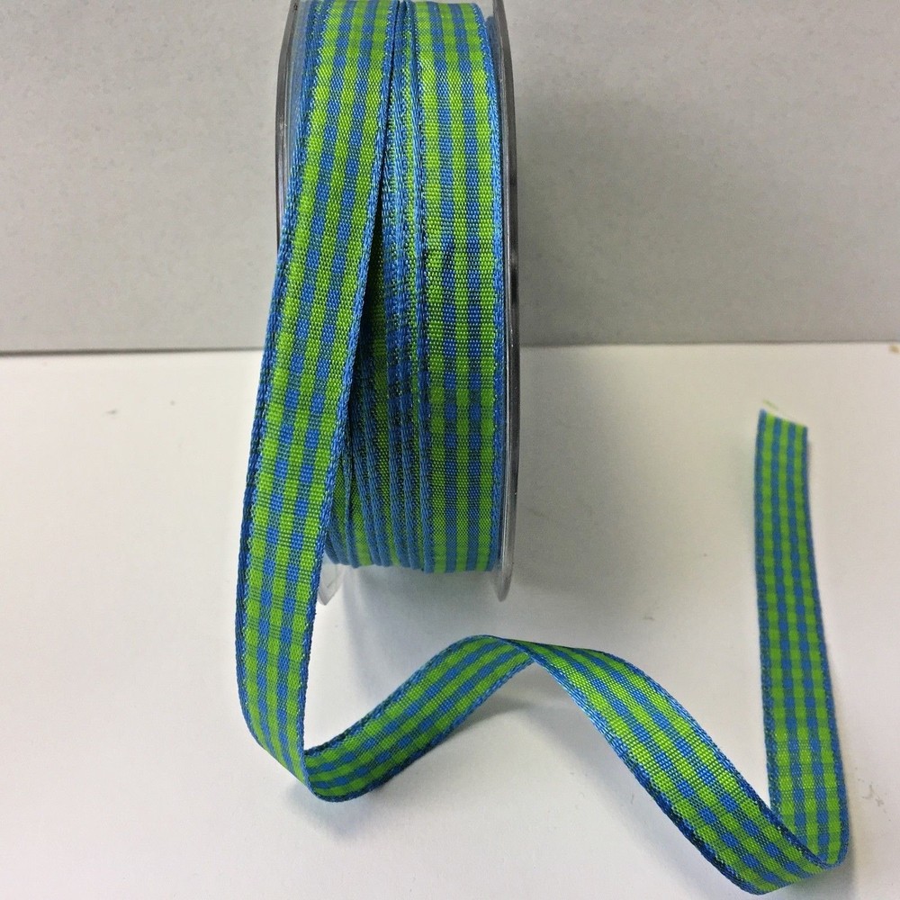 3/8 Inch Solid Checkered Ribbon – May Arts – KB04 – Blue/Green- 5 yards