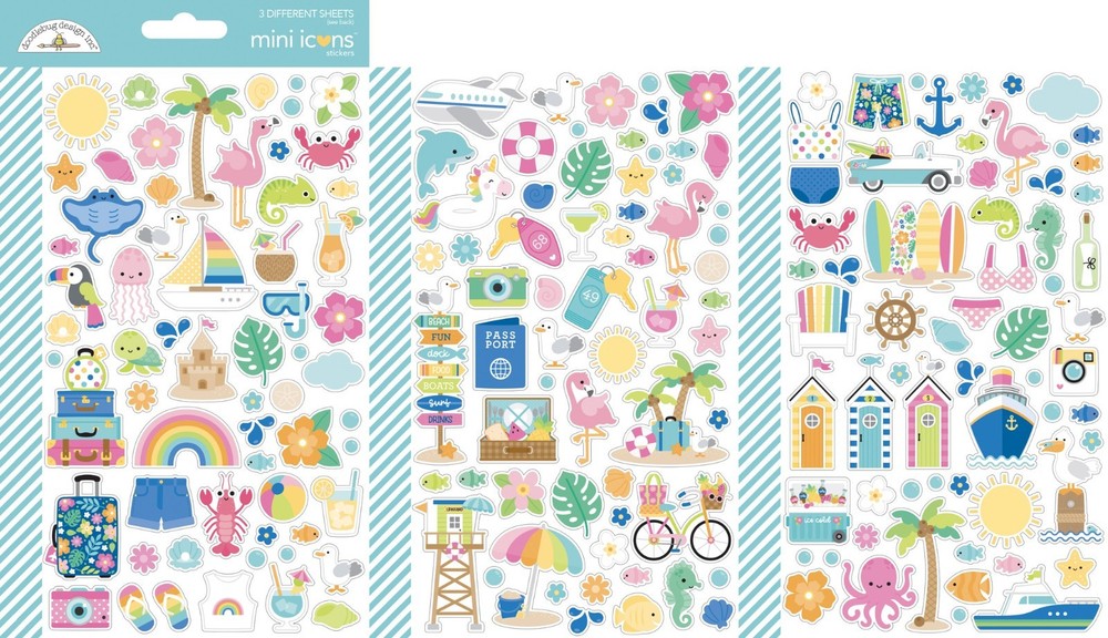 Doodlebug Mini Icon Stickers Summer Fun Beach Vacation Sea Animals Floral Shells