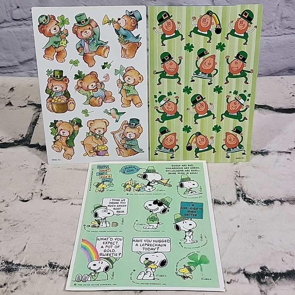 Vintage AGC St Patricks Day Stickers Lot 3 Sheets Peanuts Leprechaun Teddy Bears